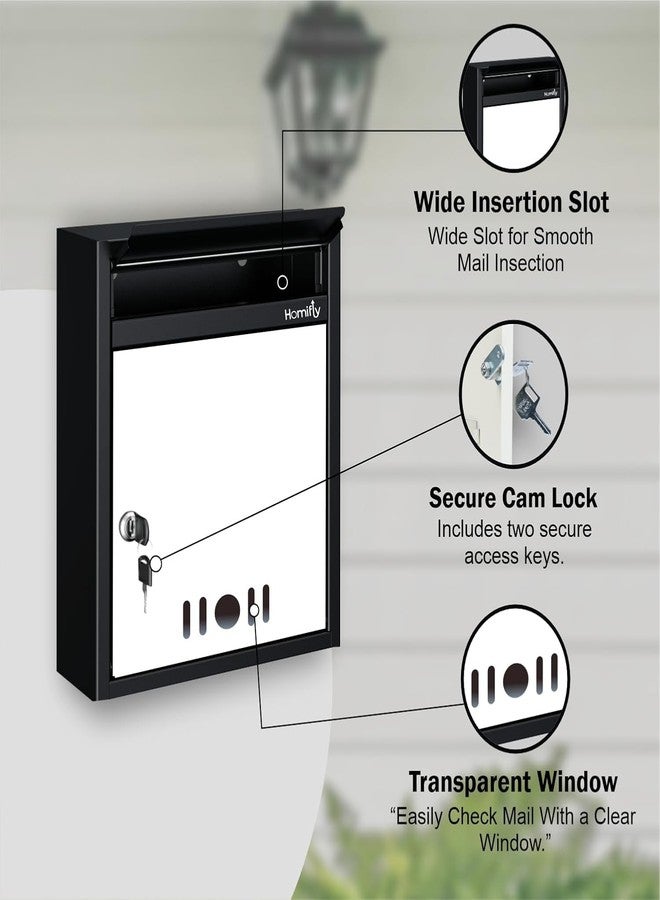 HOMIFLY صندوق بريد/صندوق اقتراحات/صندوق شكاوى/صندوق رسائل بحجم A4 للتثبيت على الحائط من HOMIFLY للمكتب/صندوق بريد لبوابة المنزل مع نافذة شفافة وقفل مفتاح آمن - (أسود وعاجي) - Image 4